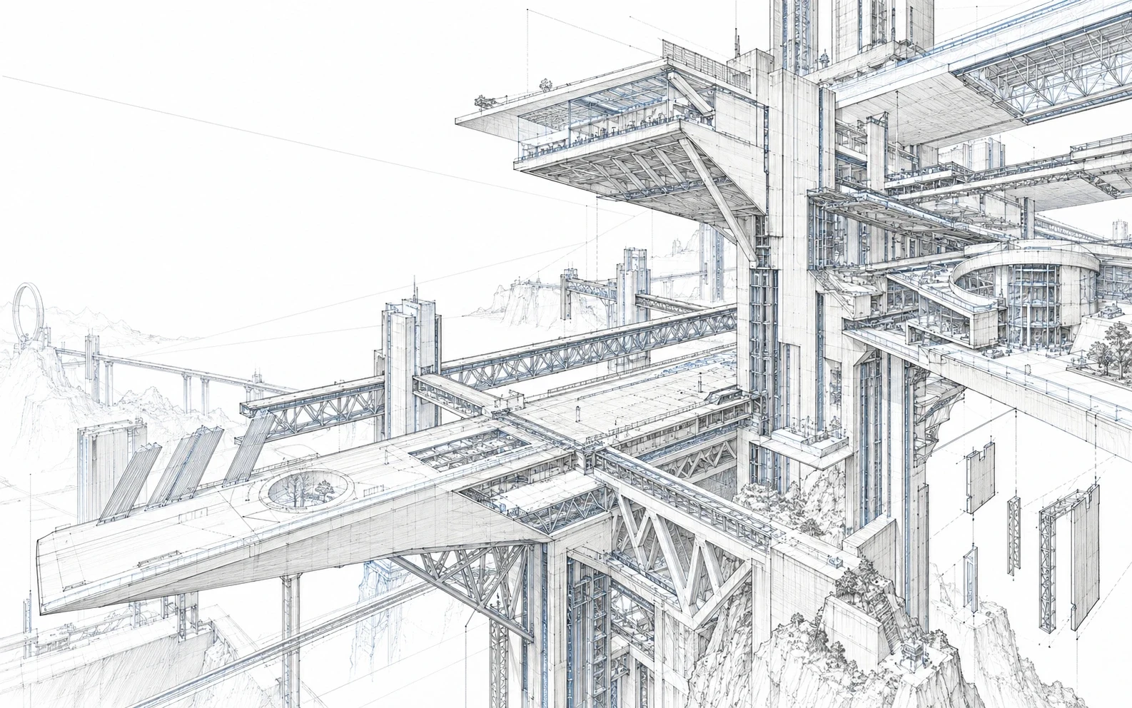 概念建筑线稿：跨越画面的悬挑结构、桁架与研究空间